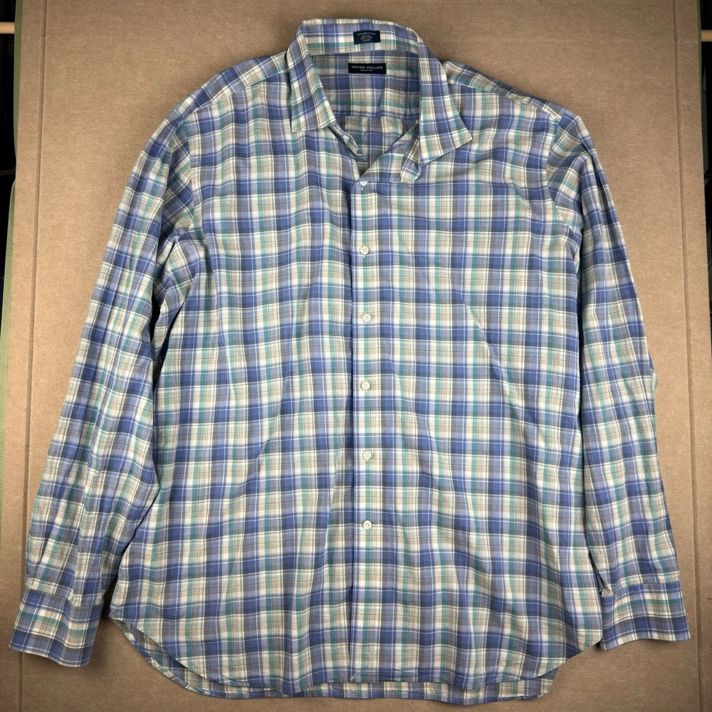 Peter Millar Collection Shirt XXL Blue Green‎ Plaid Long Sleeve Cotton Button Up